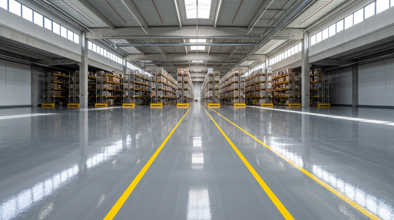 Glossy industrial epoxy floor in a large commercial facility