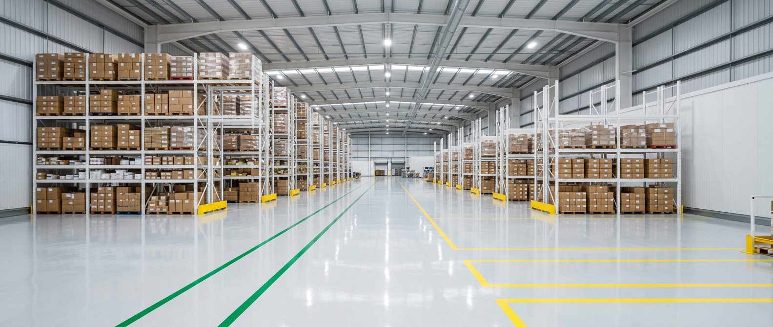 Finished epoxy floor in a clean pharmaceutical warehouse